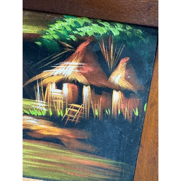 Rustic MCM Tropical Island Landscape Oil Painting With Black Velvet Wooden Frame - Picture 14 of 15